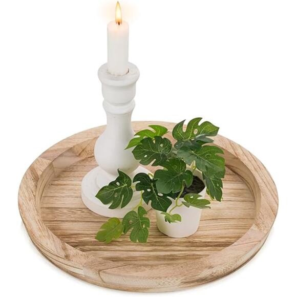 Rustic Wooden Serving Tray: Round Wood Decorative Tray Rustic Centerpiece - Picture 7 of 7